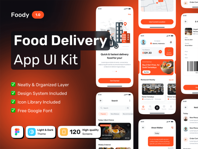Foody – Order and Delivery Food Mobile App UI Kit  120屏订购和配送食品的移动应用程序 UI 套件