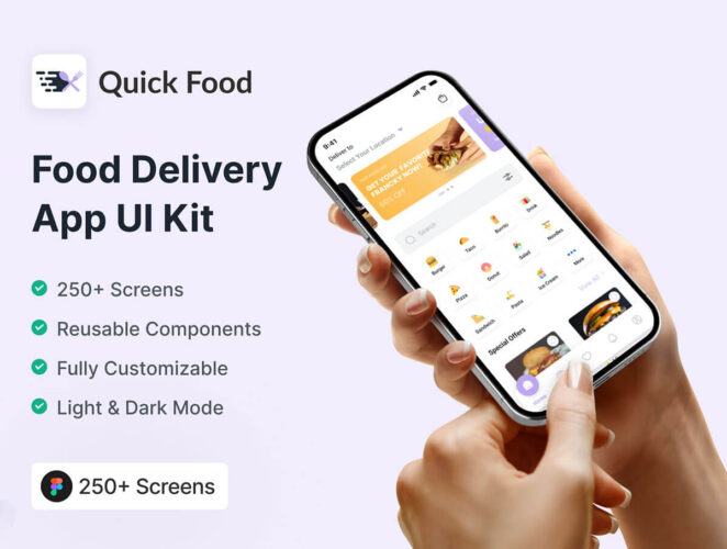 Quick Food – Food Delivery Mobile App UI Kit 高质量移动美食预订外卖送餐app组件界面设计明暗UI套件模板