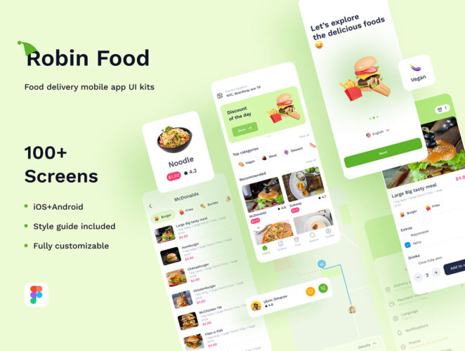 Robin Food – Food delivery mobile app UI kits  100屏美食外卖在线订餐配送app界面设计ui套件明暗模板