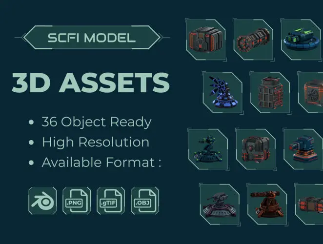 Scfi Model 3D Asset 36款未来科幻赛博朋克风格三维立体3D游戏图标Icons设计Blender/PNG格式素材