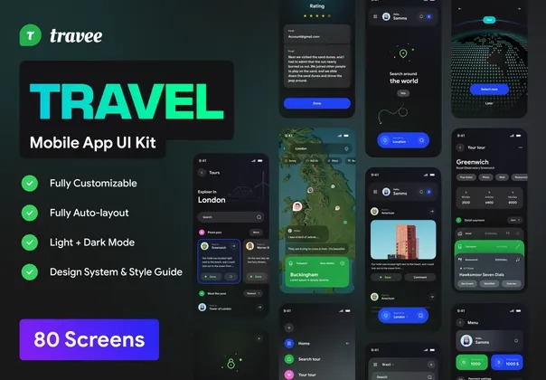 Travee – Travel Mobile App UI Kit 时尚简约旅游计划行程玩法攻略资讯旅行App应用ui界面设计模板