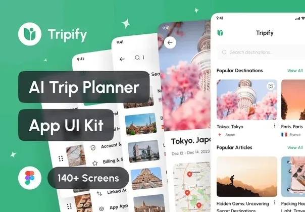 Tripify – AI Trip Planner Mobile App UI Kit 双配色AI智能旅行攻略游记旅游app应用ui界面figma模板