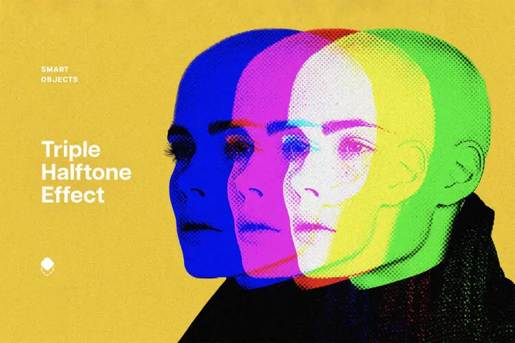 Triple Halftone Photo Effect 潮流复古叠影抽象艺术重叠点阵半调图像照片滤镜ps特效样机模板