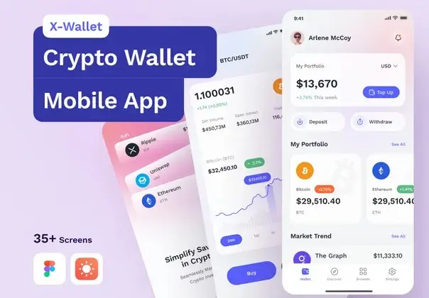 X-Wallet Crypto Wallet Premium UI Kits App 时尚金融交易加密钱包投资理财银行财务管理App应用ui界面模板