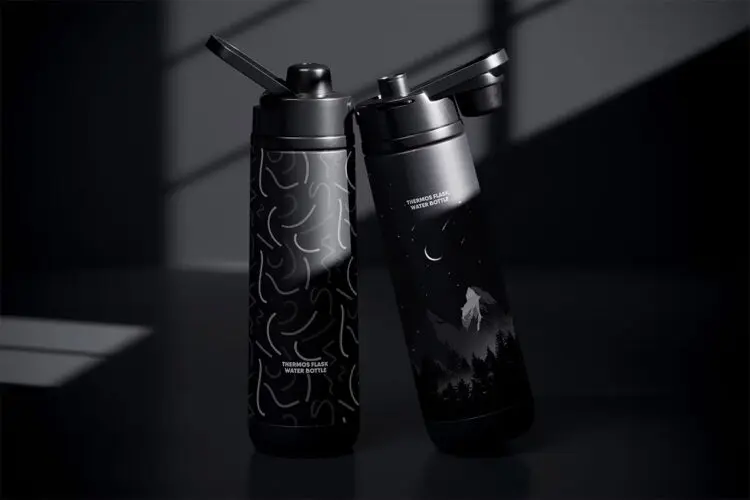Thermos Flask Water Bottle Mockup 3款环保运动保温吸口水壶水瓶模型品牌logo标识瓶身设计贴图psd样机素材模板