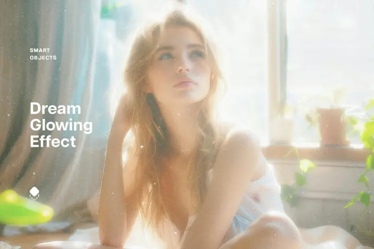 Dream Glowing Photo Effect 复古梦幻颗粒发光图片后期叠加滤镜PSD特效样机