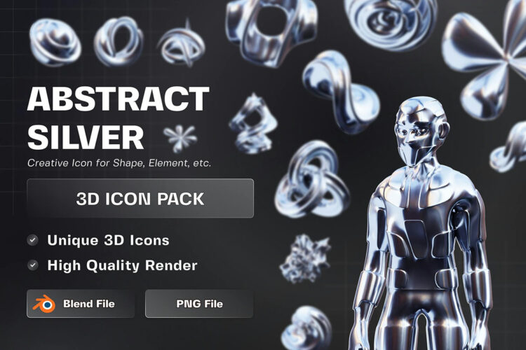 Abstract Silver 3D Illustration Pack 32款银色镀铬金属科幻抽象赛博朋克3D几何图形png免抠图片素材