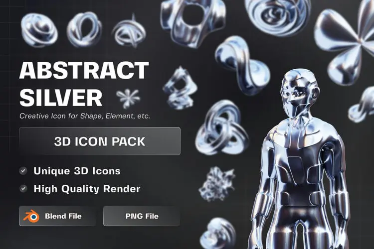 Abstract Silver 3D Illustration Pack 32款银色镀铬金属科幻抽象赛博朋克3D几何图形webp免抠图片素材