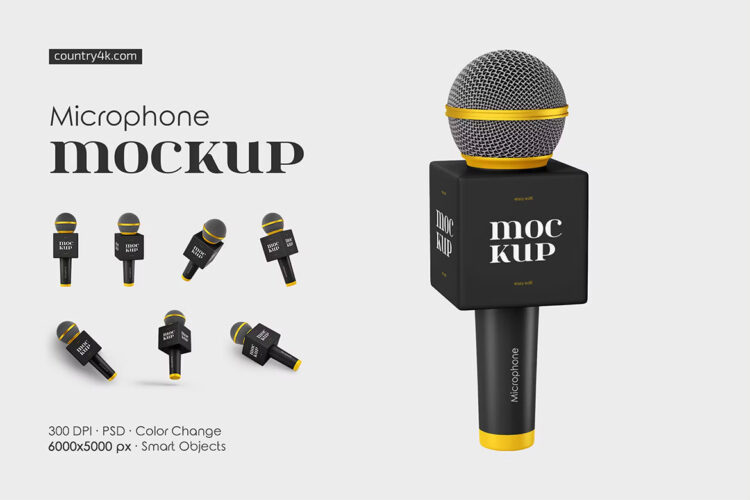Microphone Mockup Set 7款演讲主持采访麦克风话筒麦牌台标logo设计贴图ps样机素材模板