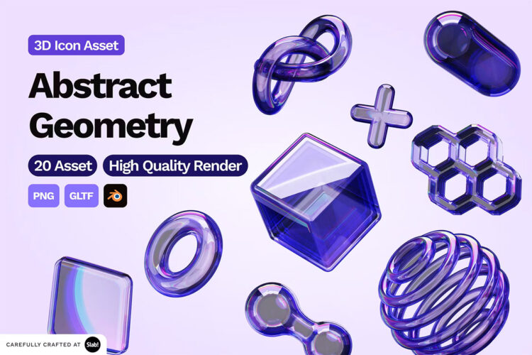 3D Abstract Geometry 20款蓝色透明水晶玻璃3D抽象几何图形png免抠图设计素材
