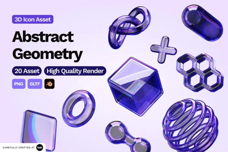 3D Abstract Geometry 20款蓝色透明水晶玻璃3D抽象几何图形webp免抠图设计素材