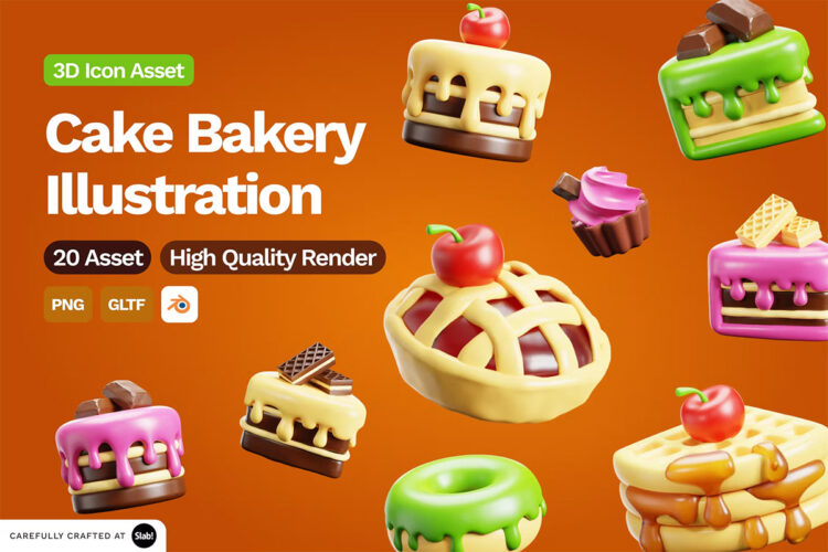 3D Cake Bakery Illustration 20款蛋糕甜点糕点烘焙演示3D图标icon插图png免抠图设计素材