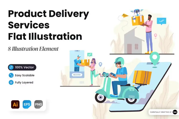 Product Delivery Services Flat Illustration 扁平化创意潮流趣味物流快递电商购物人物插图插画ai设计素材