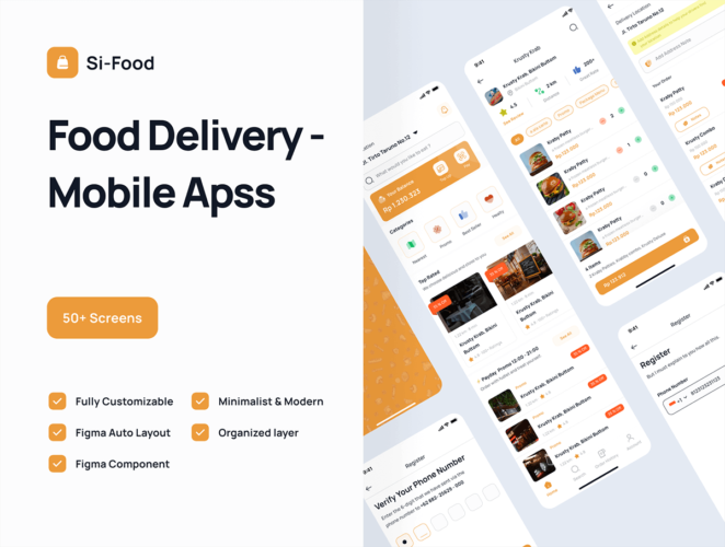 Si-Food – Food Delivery UI Kit  50+屏美食外卖预订送餐app设计用户界面UI套件模板