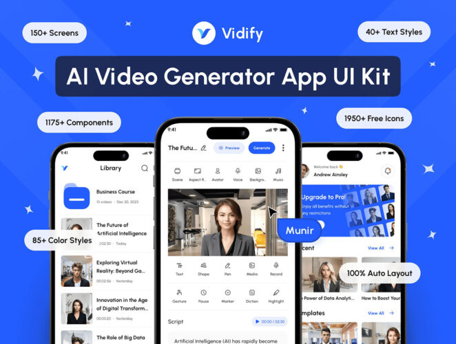 Vidify – AI Video Generator App UI Kit 150多屏AI人工智能社交短视频剪辑生成器App应用UI界面figma套件模板