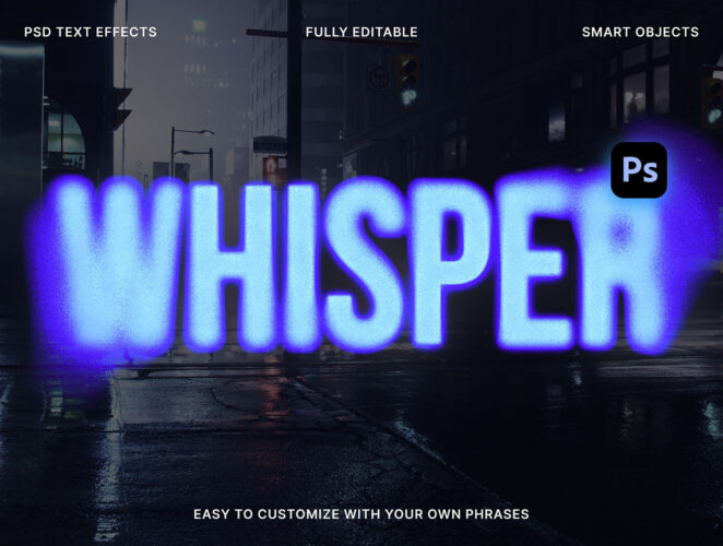 Whisper – Creative Text Effects 5款时尚潮流抽象艺术毛刺扭曲logo字体设计ps样机素材特效模板