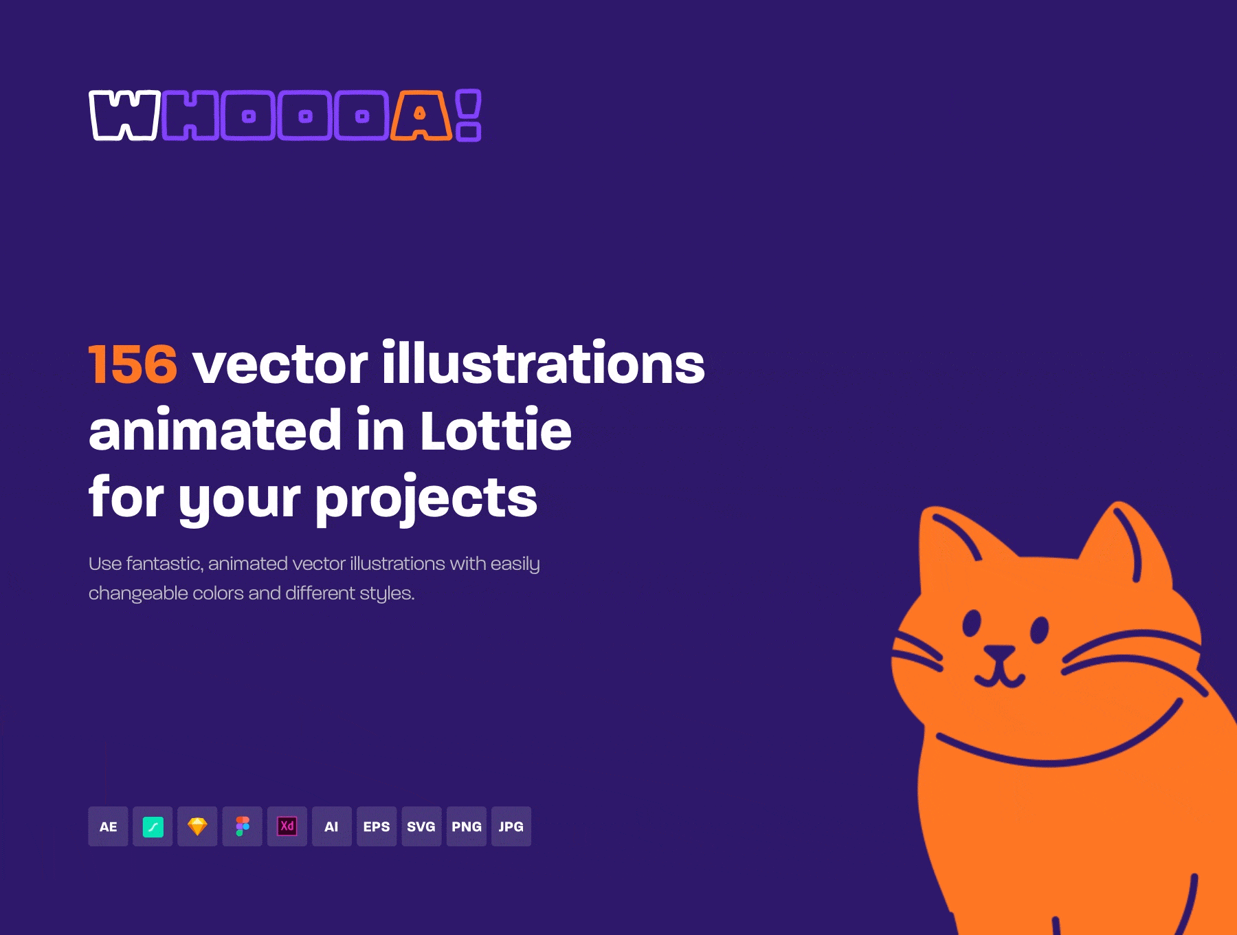 Whoooa 156 vector Lottie animations 156个项目动画插图(78个面性动画和78个线性动画)