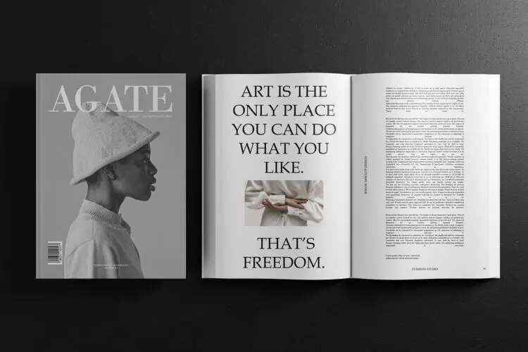 AGATE Magazine Mockups 5款文艺光影胶装杂志画册封面内页ps样机素材设计作品展示效果图