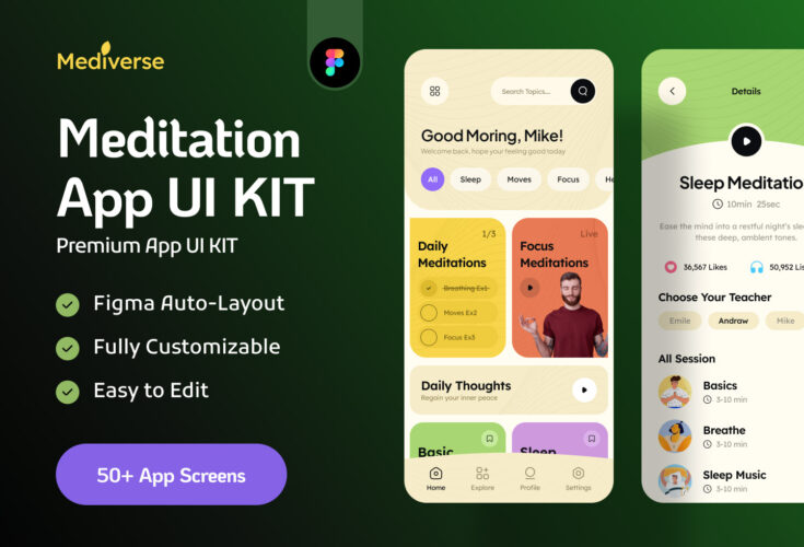 Meditation App UI KIT – Mediverse 50屏在线冥想颂钵疗愈白噪音放松解压用户界面app设计ui套件模板