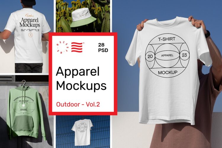 Outdoor Apparel Mockups Vol.2  28款潮牌T恤短袖上衣渔夫帽帆布包拎袋VI应用ps样机展示效果图