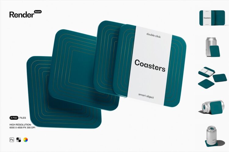 Square Coasters Mockup 8款正方形圆角硅胶隔热杯垫餐垫包装设计ps样机素材展示效果图