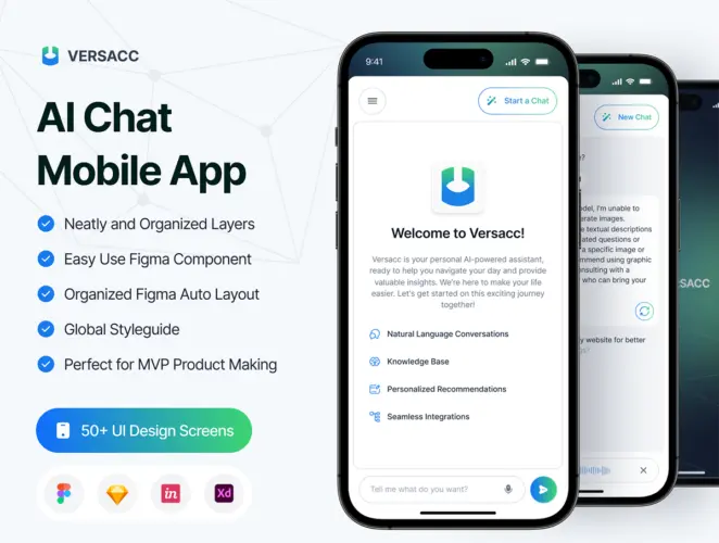 Versacc AI Chat Mobile App UI KIT 50屏移动手机Ai人工智能机器人聊天对话问答用户界面app设计ui套件模板