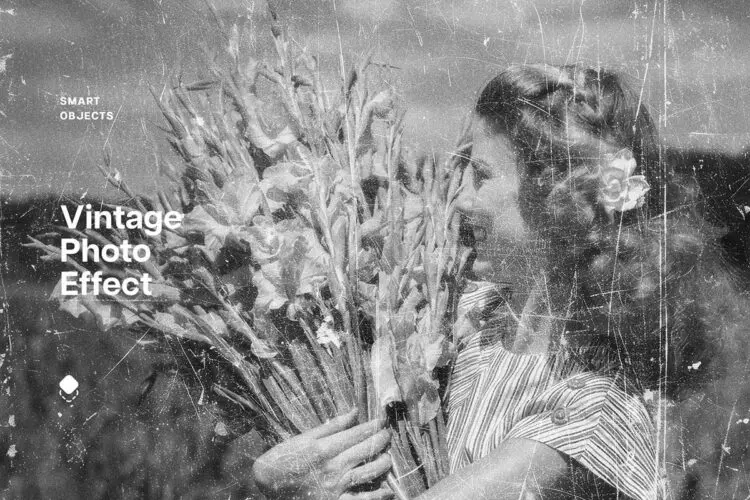 Vintage Grunge Photo Effect 复古黑白做旧失真退色划痕磨损老照片ps特效样机素材预制模板