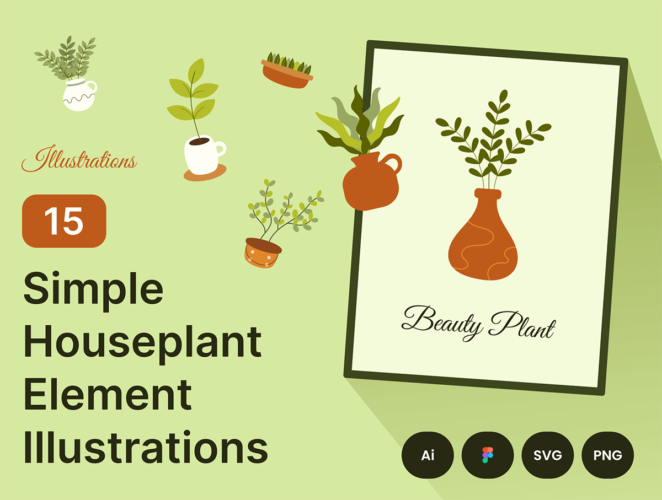 15 Simple Houseplant Element Illustrations 15个简单的室内植物元素插图