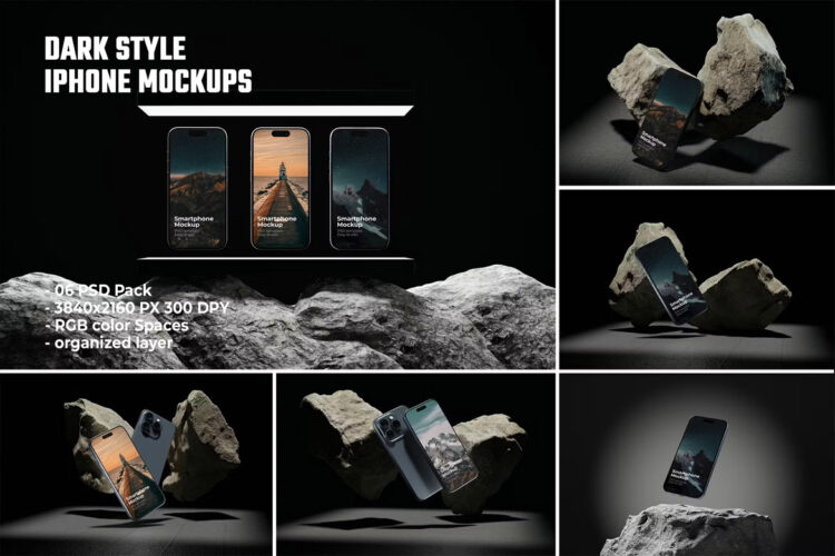 Dark Iphone Mockup 6款悬浮苹果手机模型岩石块场景展示设计贴图psd样机素材