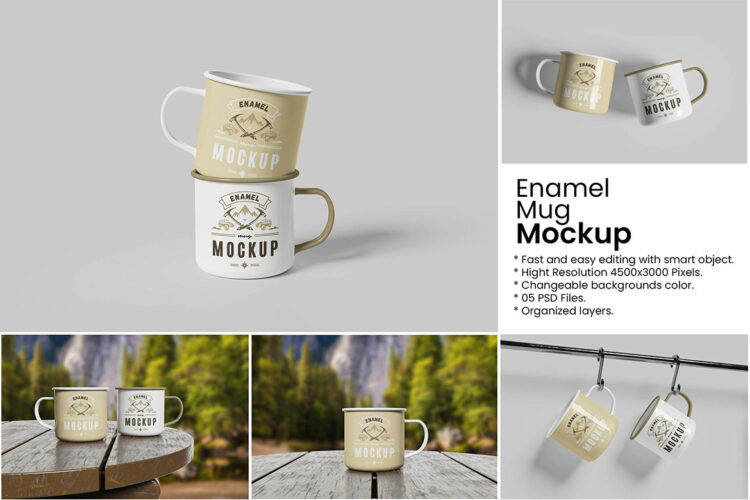 Enamel Mug Mockup 5款复古搪瓷杯马克杯模型杯身品牌包装logo标识设计贴图psd样机素材