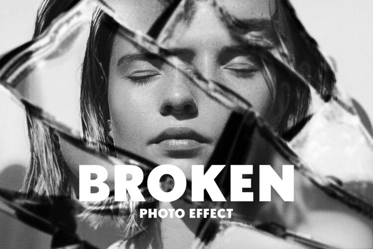 Broken Mirror Photo Effect 潮流时尚黑白单色透明裂纹反光折射碎玻璃图像照片ps样机特效模板