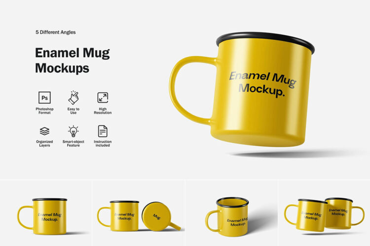 Enamel Mug Mockups  5款复古杯子搪瓷杯马克杯文创设计作品贴图ps样机素材展示模板