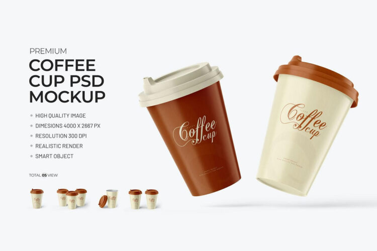 Stylish Coffee Cup PSD Mockups  5款时尚外卖咖啡杯模型杯身包装展示设计贴图psd样机素材