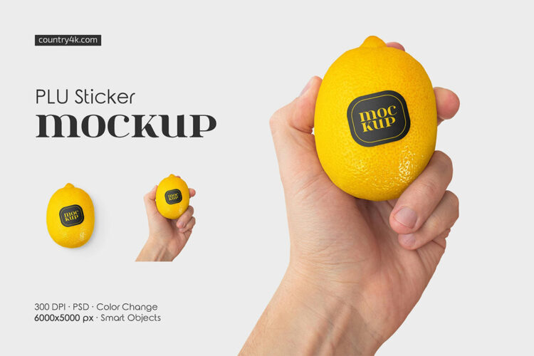 Oval PLU Produce Sticker on Lemon Mockup 2款手握黄柠檬上的商标标签贴纸模型品牌logo标识设计贴图ps样机素材