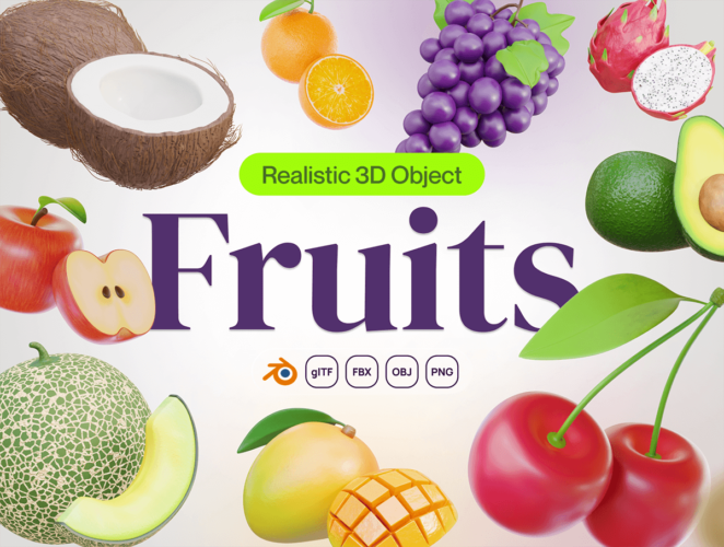 Fruity – Fruit 3D Icon Set  20款3D热带瓜果荔枝芒果葡萄苹果香蕉樱桃水果png免抠图标素材