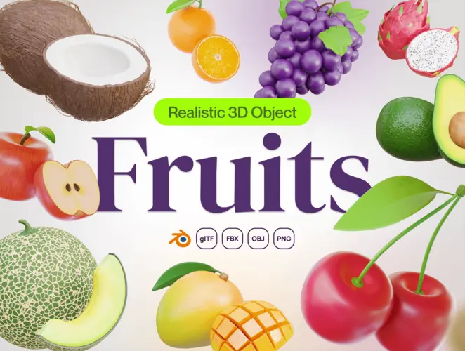 Fruity – Fruit 3D Icon Set  20款3D热带瓜果荔枝芒果葡萄苹果香蕉樱桃水果webp免抠图标素材