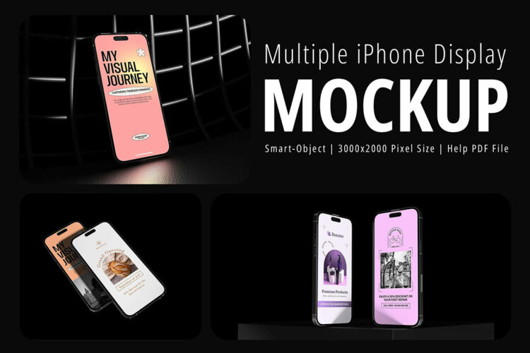 Multiple iPhone Display Mockup 3款苹果手机模型屏幕展示设计智能对象贴图psd样机素材