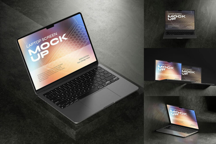Laptop Screen Mockup 4款苹果笔记本电脑屏幕模型皮椅场景展示设计贴图psd样机素材模板