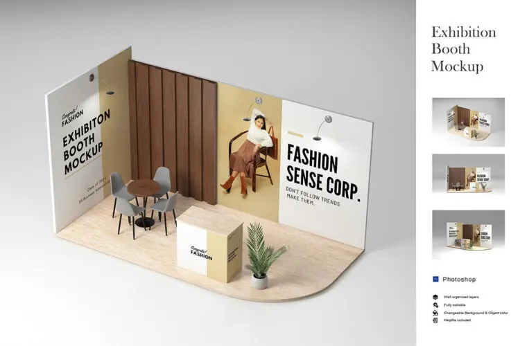 Exhibition Booth Mockup 3款极简逼真3D立体展览博览会展位背景板前台咨询台PSD样机