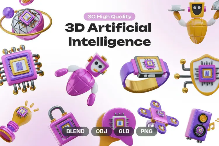 3D Artificial Intelligence 15款3D趣味卡通人工智能AI算力技术科技icon图标PNG插画插图