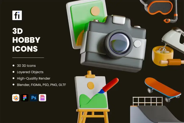 3D Hobby Icon Set  30款3D娱乐户外活动运动艺术兴趣爱好插图插画webp免抠图片素材