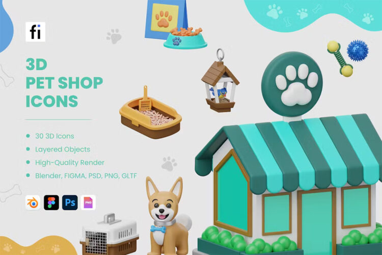 3D Pet Shop Icons  30款3D卡通宠物商城猫碗狗碗猫粮狗粮斗宠玩具插图插画png免抠图片素材