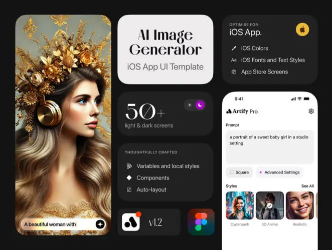 Artify – AI Image Generator iOS UI Kit 50屏AI人工智能艺术绘画图像编辑生成器App应用界面iOS UI设计套件模板