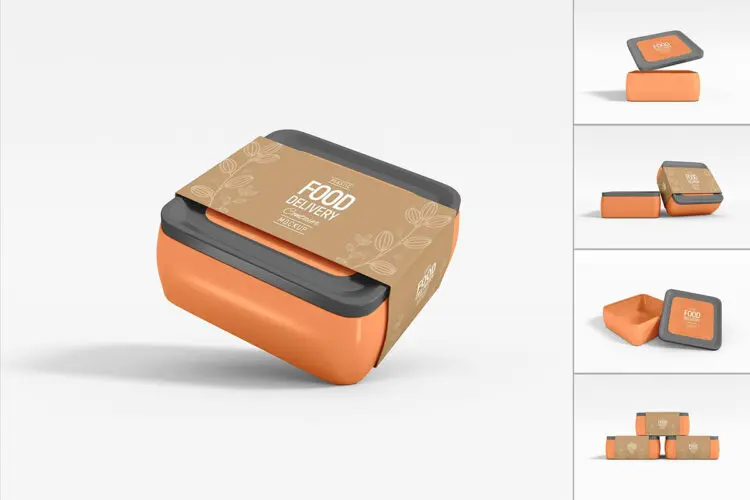 Food Container Sleeve Packaging Mockup Set 5款极简食品外卖食盒餐盒包装盒塑料盒包装设计展示PSD样机