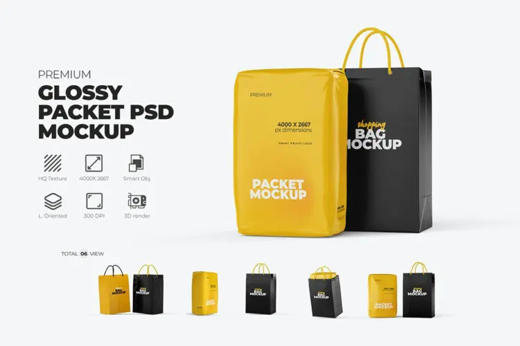 Plastic Package Paper Shopping Bag  6款精品店购物纸袋塑料组合包装拎袋设计ps样机素材展示效果图