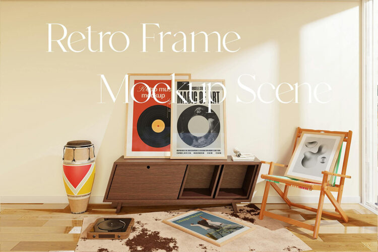 Retro – Frame Mockup Scene 8款文艺原木风客厅装饰海报挂画相框画芯ps样机场景展示效果图