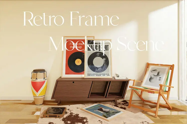 Retro – Frame Mockup Scene 8款文艺原木风客厅装饰海报挂画相框画芯ps样机场景展示效果图