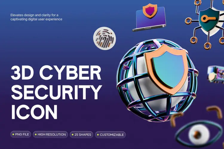3D Cyber Security Icons  25款3D立体科技网络安全电子数码app应用icon图标webp免抠图片素材