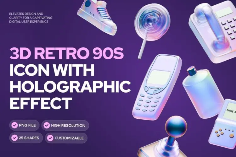 3D Retro 90s Icon with Holographic Effect  25款90年代Y2K复古3D数码产品游戏机潮流插图插画webp免抠图片素材