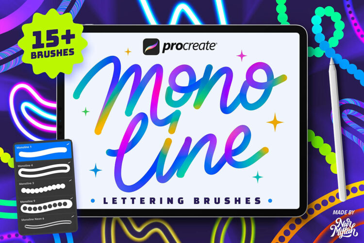 Procreate Monoline Lettering Brushes 时尚荧光笔霓虹灯手绘发光字标题Procreate笔刷插件素材